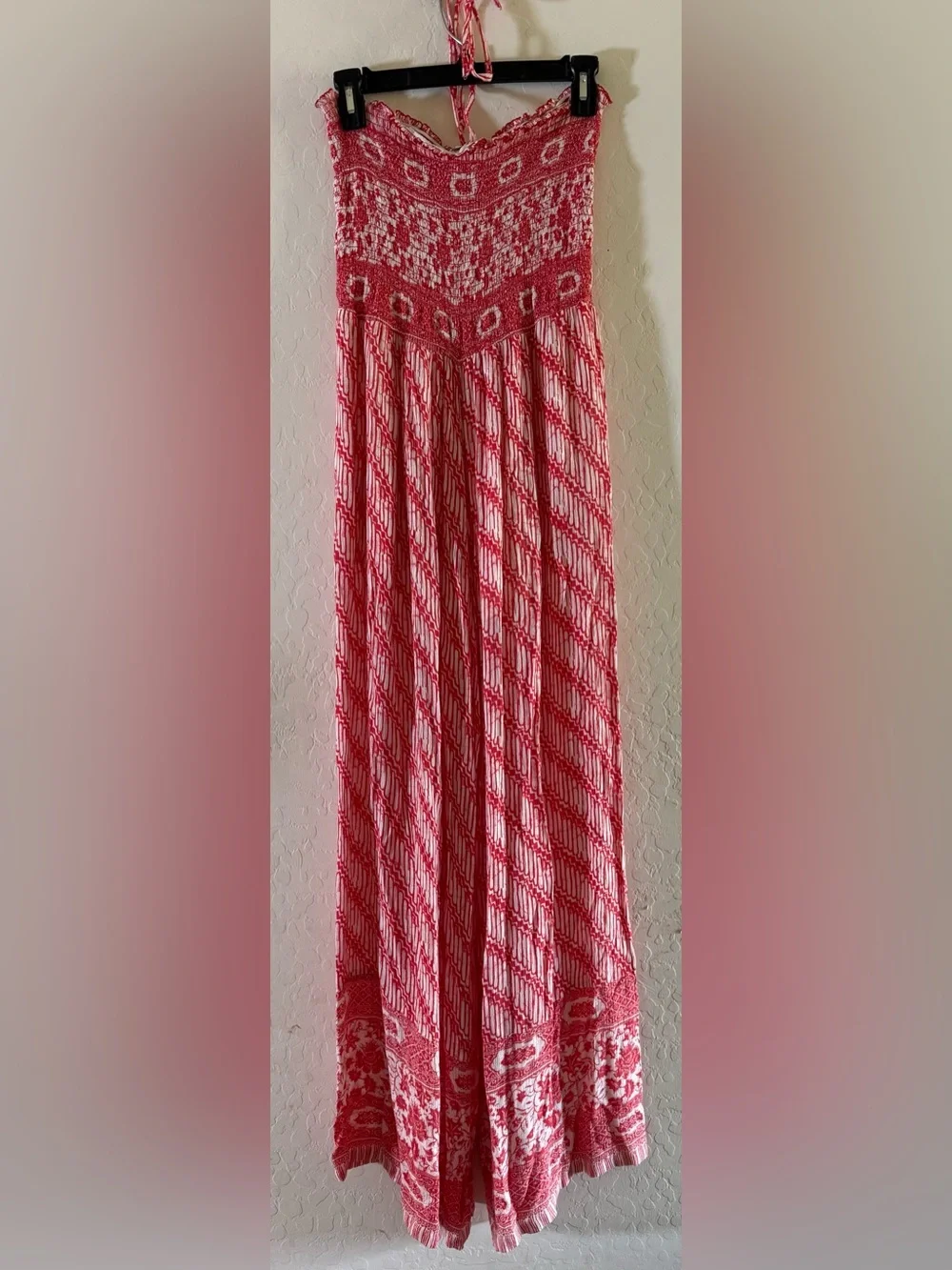 Free People, large, red & white boho-patterned strapless wide-leg jumpsuit